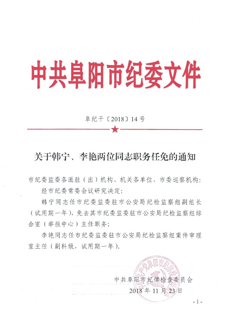 阜阳市质量技术监督局最新人事任命公告